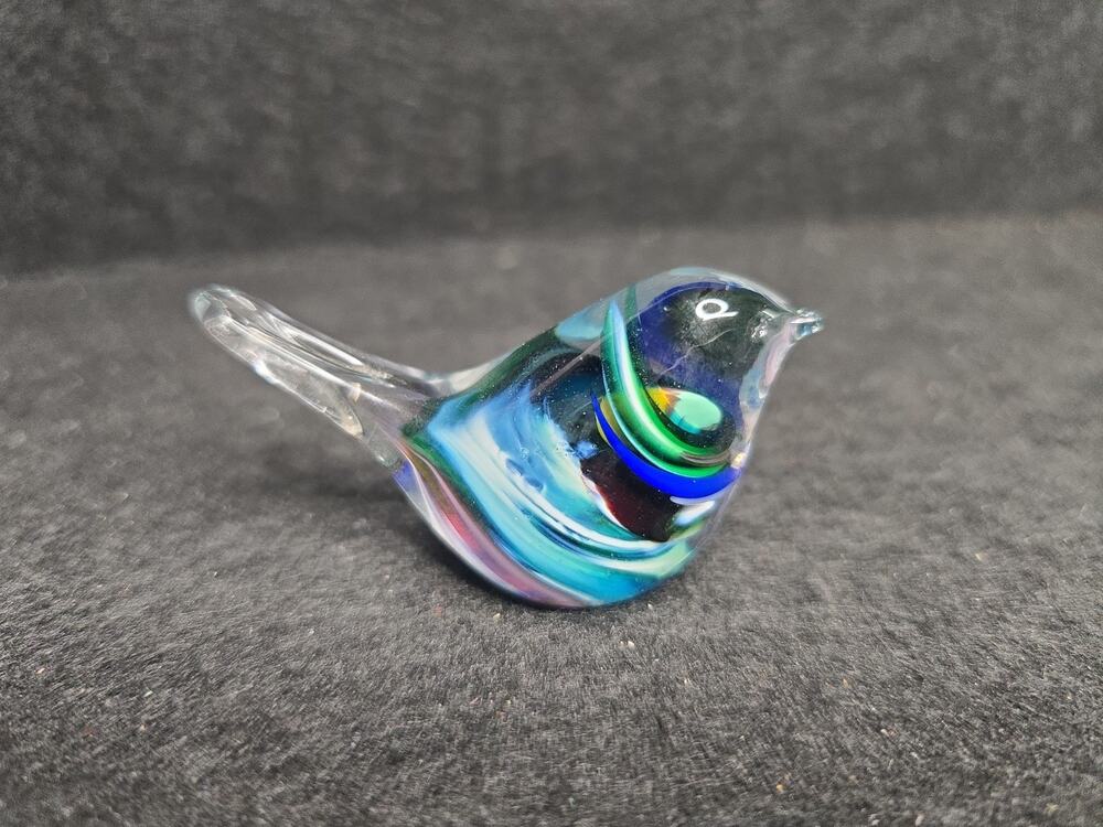 Miniature Art Glass Bird Figurine 2" Rainbow Swirl Paperweight Iridescent Base